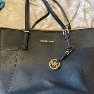 Michael Kors Black Saffiano Leather Logo Tote with Gold Hardware